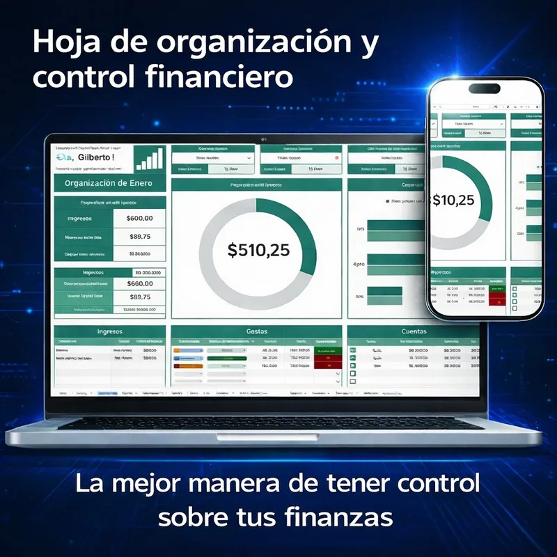 Plantilla de organización y control financiero en computadora y móvil
